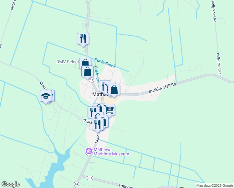 map of restaurants, bars, coffee shops, grocery stores, and more near 11017 Buckley Hall Road in Mathews