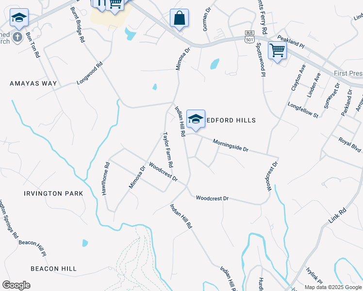 map of restaurants, bars, coffee shops, grocery stores, and more near 2009 Indian Hill Road in Lynchburg