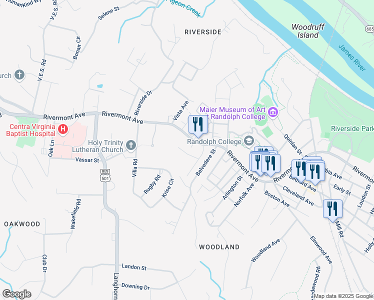 map of restaurants, bars, coffee shops, grocery stores, and more near 2908 Dellwood Circle in Lynchburg