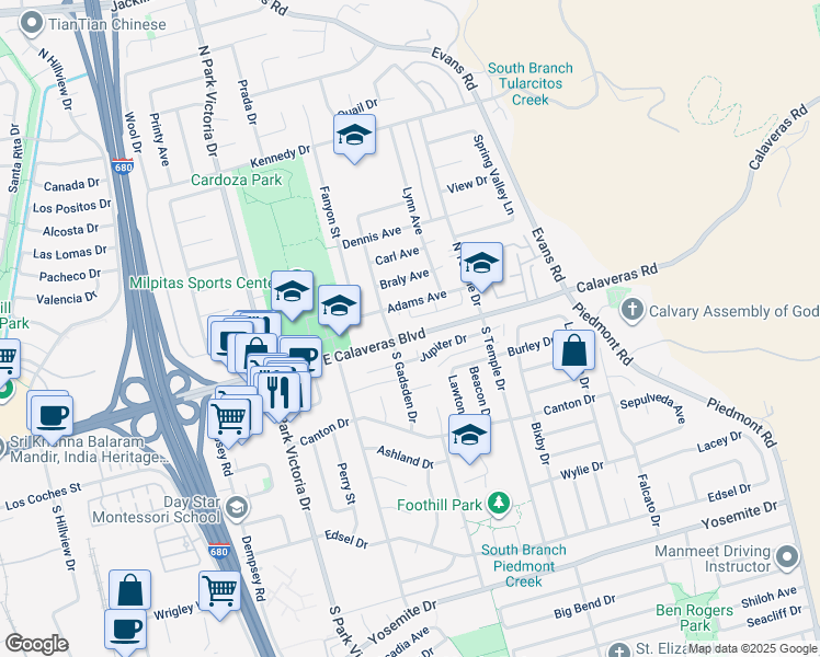 map of restaurants, bars, coffee shops, grocery stores, and more near 1543 East Calaveras Boulevard in Milpitas