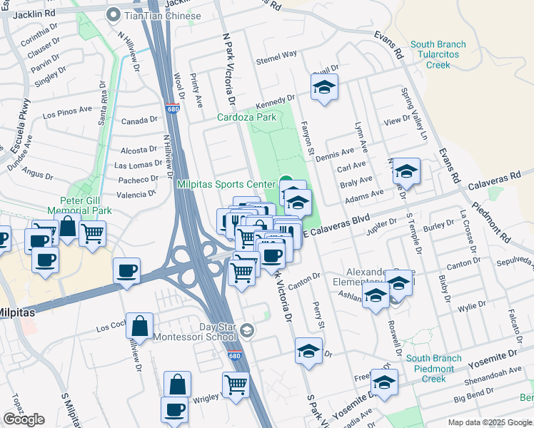map of restaurants, bars, coffee shops, grocery stores, and more near 100 North Park Victoria Drive in Milpitas