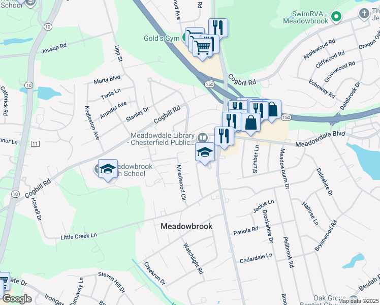 map of restaurants, bars, coffee shops, grocery stores, and more near 5901 Meadwood Circle in Richmond