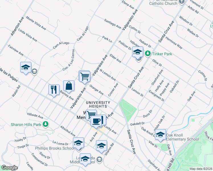 map of restaurants, bars, coffee shops, grocery stores, and more near 1308 American Way in Menlo Park