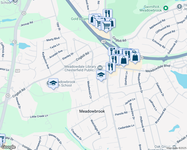 map of restaurants, bars, coffee shops, grocery stores, and more near 5901 Meadwood Circle in Richmond