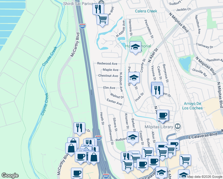 map of restaurants, bars, coffee shops, grocery stores, and more near 559 Walnut Drive in Milpitas