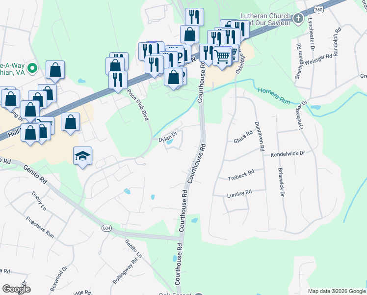 map of restaurants, bars, coffee shops, grocery stores, and more near 4077 Trisha Trail in Midlothian