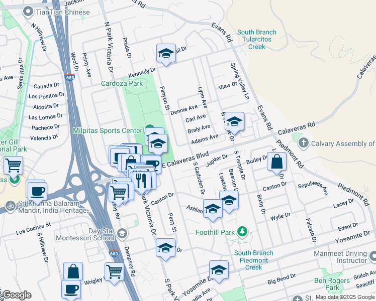 map of restaurants, bars, coffee shops, grocery stores, and more near 1511 North Gadsden Drive in Milpitas