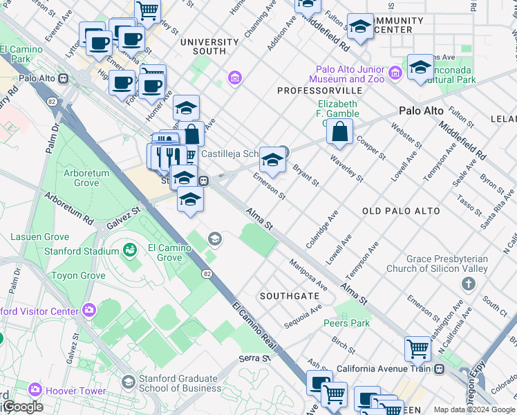 map of restaurants, bars, coffee shops, grocery stores, and more near 131 Kellogg Avenue in Palo Alto