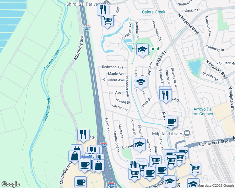 map of restaurants, bars, coffee shops, grocery stores, and more near 559 Walnut Drive in Milpitas