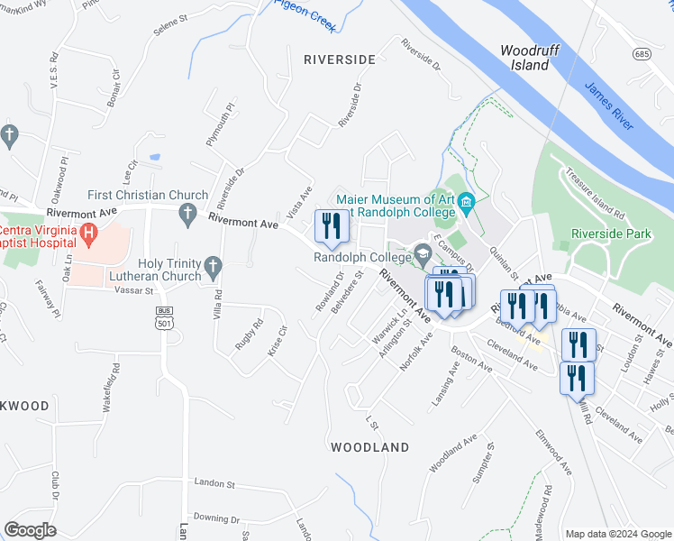 map of restaurants, bars, coffee shops, grocery stores, and more near 2907 Rivermont Avenue in Lynchburg