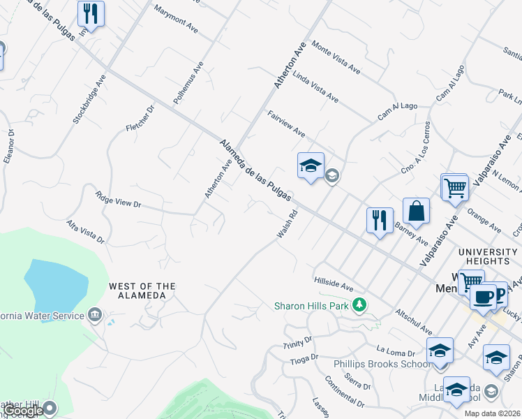 map of restaurants, bars, coffee shops, grocery stores, and more near 77 Broadacres Road in Atherton