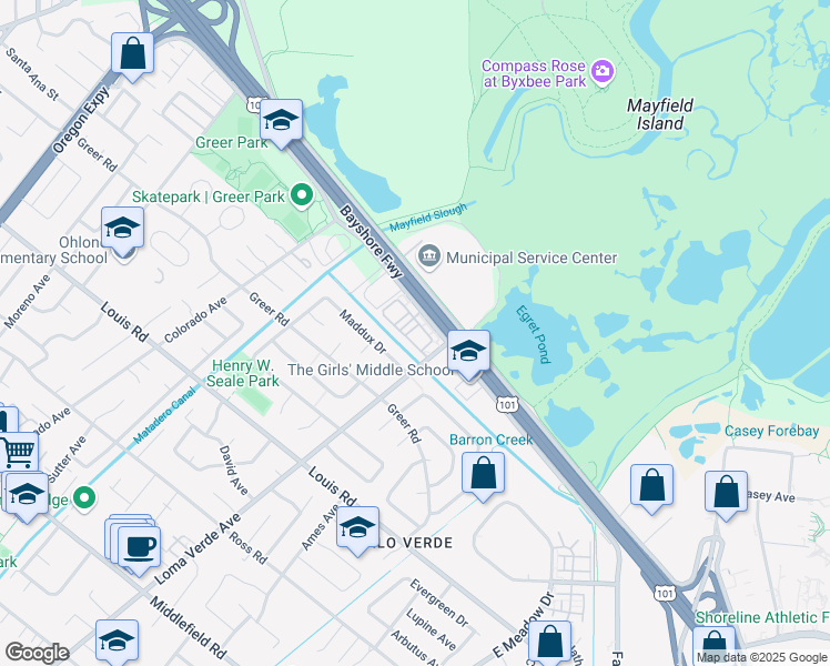map of restaurants, bars, coffee shops, grocery stores, and more near 1156 Donner Lane in Palo Alto