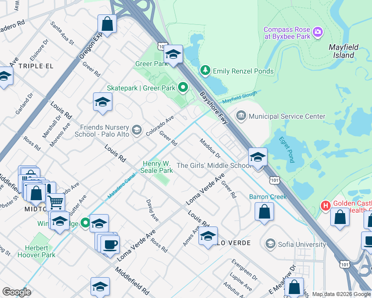 map of restaurants, bars, coffee shops, grocery stores, and more near 3113 Greer Road in Palo Alto