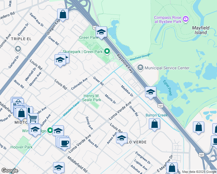 map of restaurants, bars, coffee shops, grocery stores, and more near 3113 Greer Road in Palo Alto
