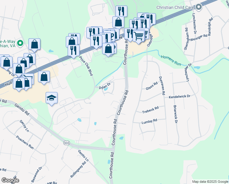 map of restaurants, bars, coffee shops, grocery stores, and more near 4069 Trisha Trail in Midlothian