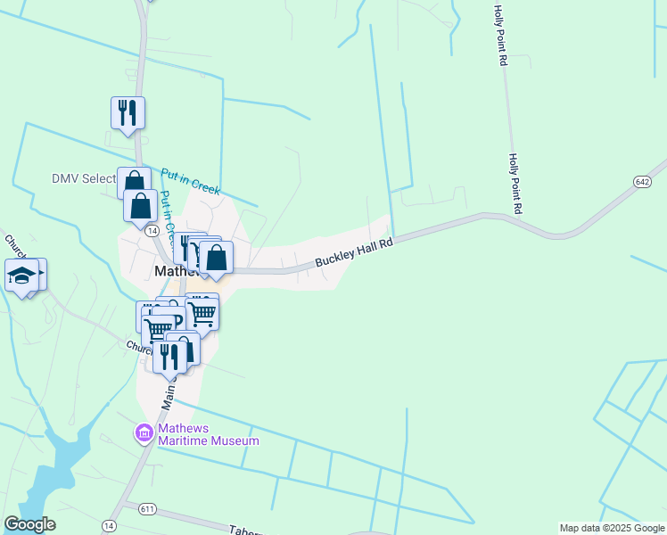 map of restaurants, bars, coffee shops, grocery stores, and more near 11300 Buckley Hall Road in Mathews