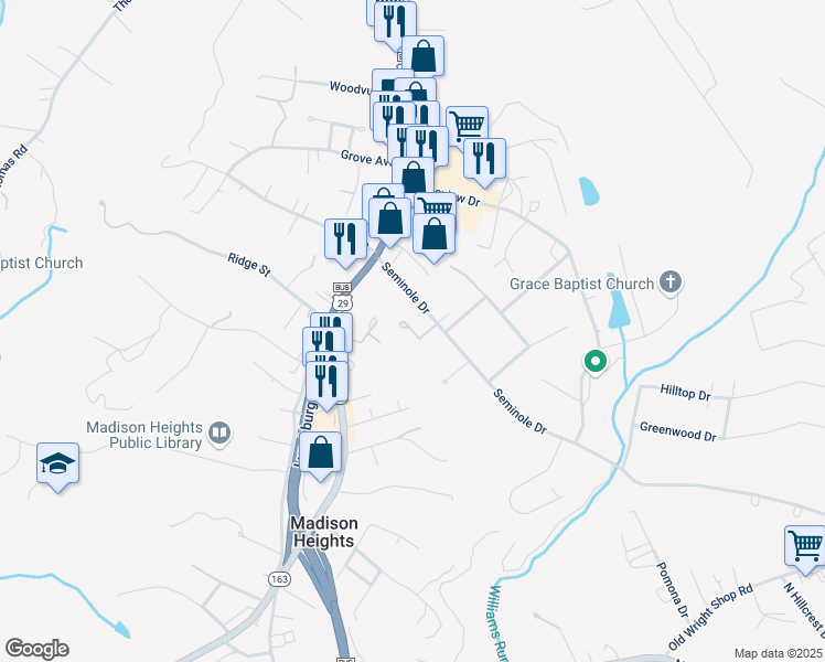 map of restaurants, bars, coffee shops, grocery stores, and more near 113 Branch Drive in Madison Heights
