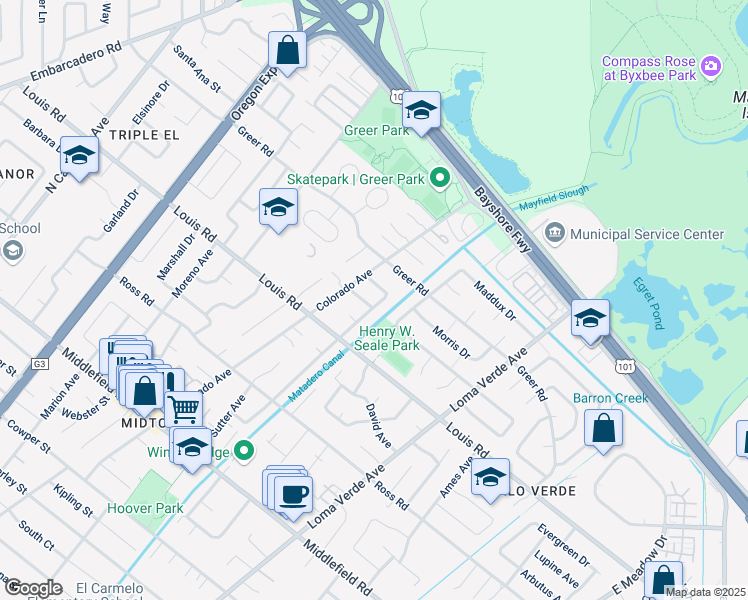 map of restaurants, bars, coffee shops, grocery stores, and more near 957 Clara Drive in Palo Alto