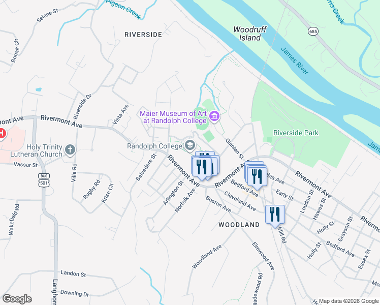 map of restaurants, bars, coffee shops, grocery stores, and more near 2500 Rivermont Avenue in Lynchburg