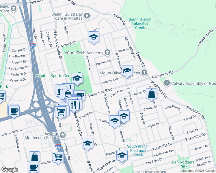 map of restaurants, bars, coffee shops, grocery stores, and more near 1511 North Gadsden Drive in Milpitas
