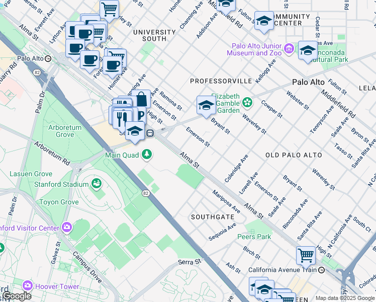 map of restaurants, bars, coffee shops, grocery stores, and more near 104 Melville Avenue in Palo Alto