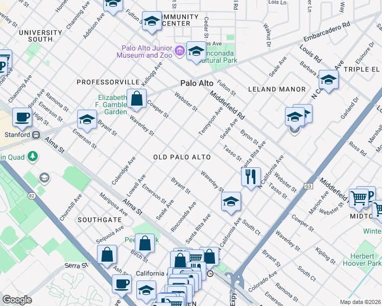 map of restaurants, bars, coffee shops, grocery stores, and more near 430 Tennyson Avenue in Palo Alto