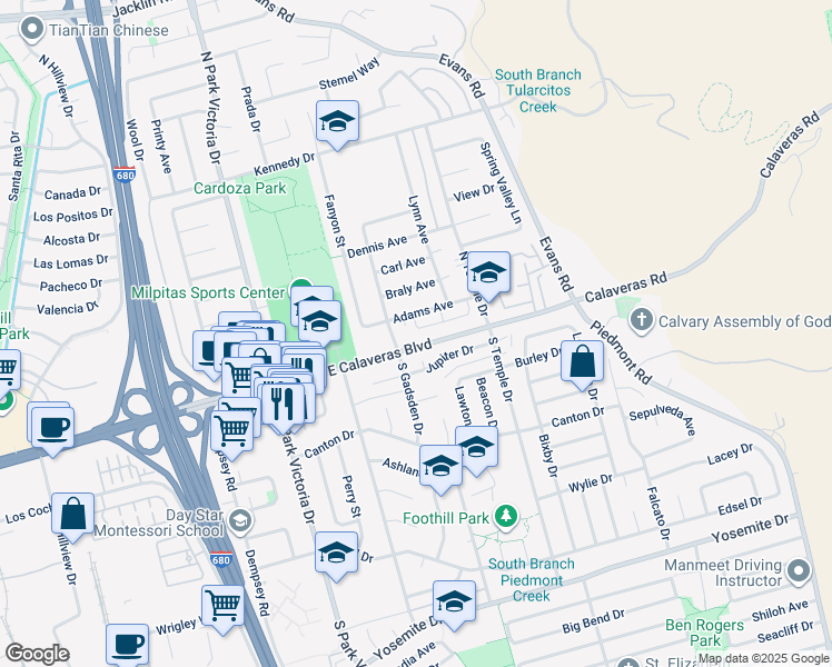 map of restaurants, bars, coffee shops, grocery stores, and more near 1543 East Calaveras Boulevard in Milpitas