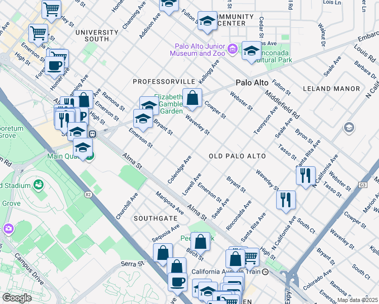map of restaurants, bars, coffee shops, grocery stores, and more near 265 Coleridge Avenue in Palo Alto