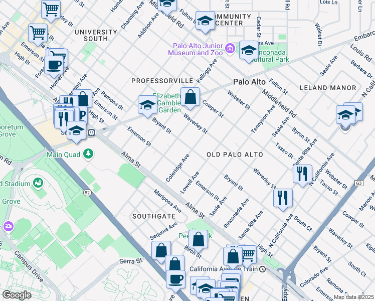 map of restaurants, bars, coffee shops, grocery stores, and more near 265 Coleridge Avenue in Palo Alto