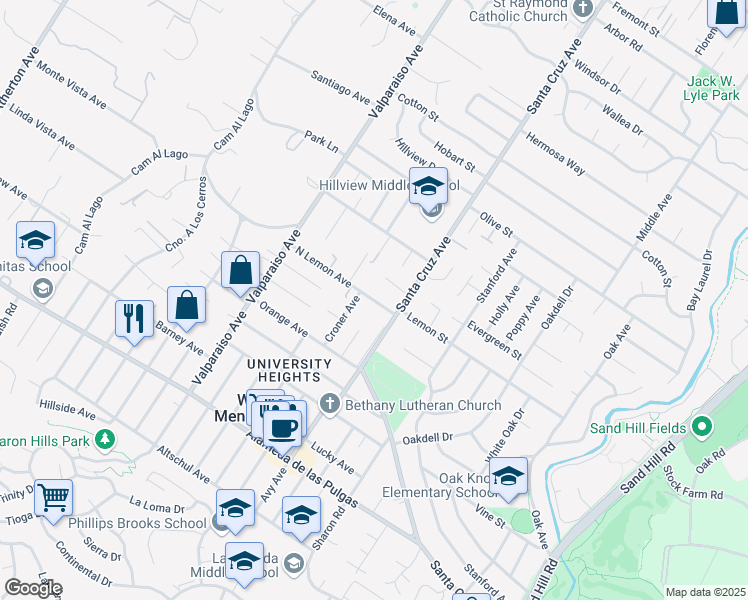 map of restaurants, bars, coffee shops, grocery stores, and more near 1206 North Lemon Avenue in Menlo Park