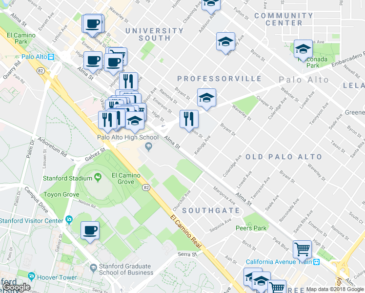 map of restaurants, bars, coffee shops, grocery stores, and more near 104 Melville Avenue in Palo Alto