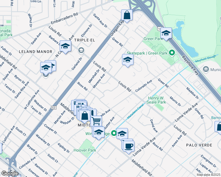 map of restaurants, bars, coffee shops, grocery stores, and more near 847 Bruce Drive in Palo Alto
