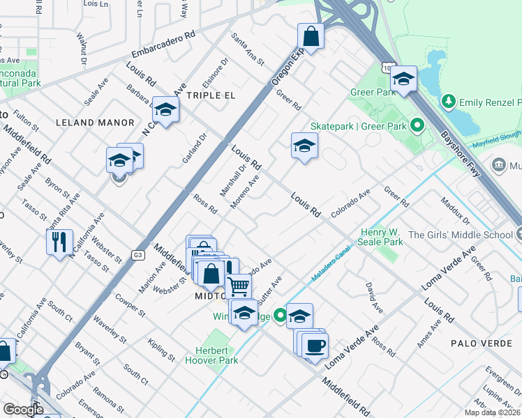 map of restaurants, bars, coffee shops, grocery stores, and more near 847 Bruce Drive in Palo Alto