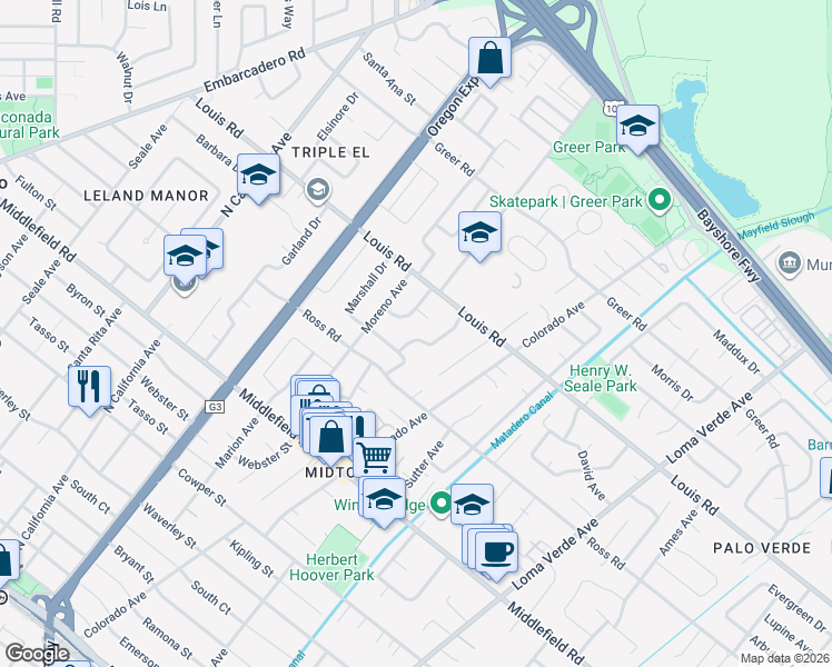 map of restaurants, bars, coffee shops, grocery stores, and more near 831 Bruce Drive in Palo Alto