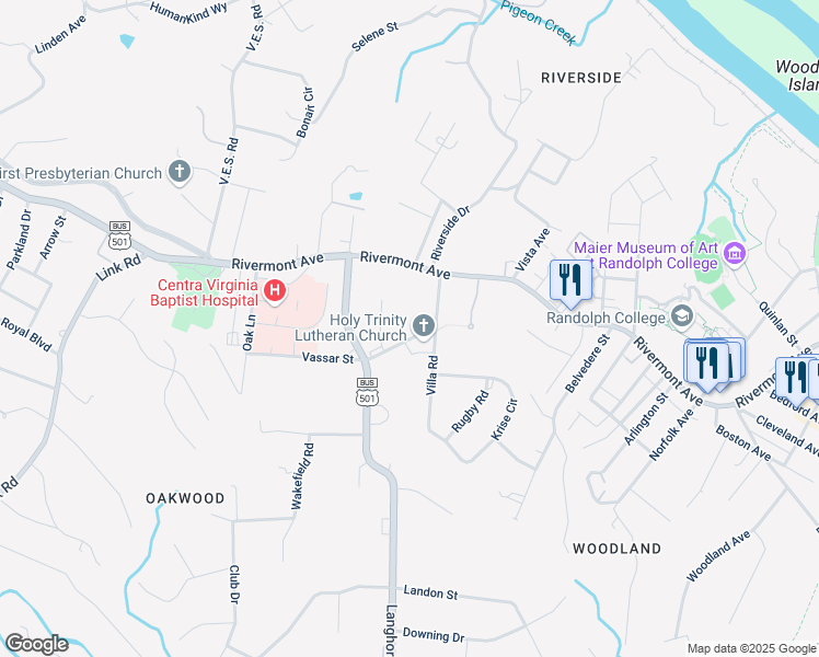 map of restaurants, bars, coffee shops, grocery stores, and more near 1015 Langhorne Road in Lynchburg