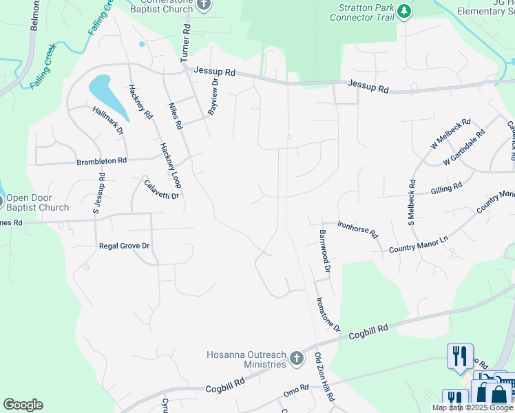 map of restaurants, bars, coffee shops, grocery stores, and more near 5507 Jessup Meadows Court in Richmond