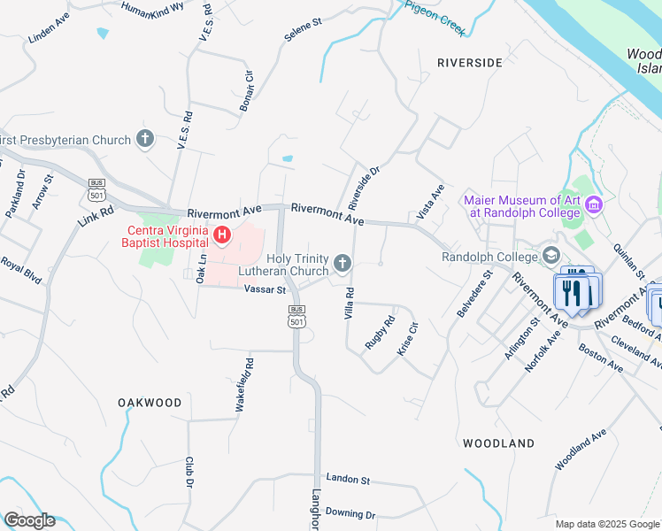 map of restaurants, bars, coffee shops, grocery stores, and more near 1015 Langhorne Road in Lynchburg