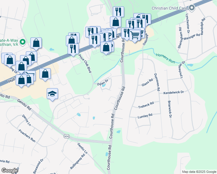 map of restaurants, bars, coffee shops, grocery stores, and more near 4074 Trisha Trail in Midlothian