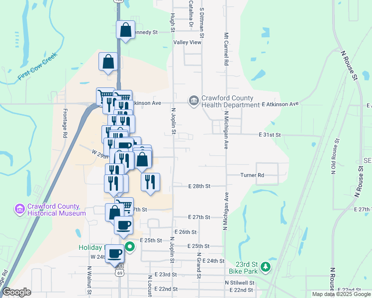 map of restaurants, bars, coffee shops, grocery stores, and more near 2910 North Joplin Street in Pittsburg