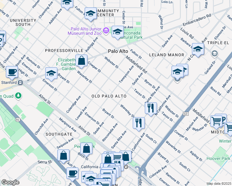 map of restaurants, bars, coffee shops, grocery stores, and more near 444 Tennyson Avenue in Palo Alto