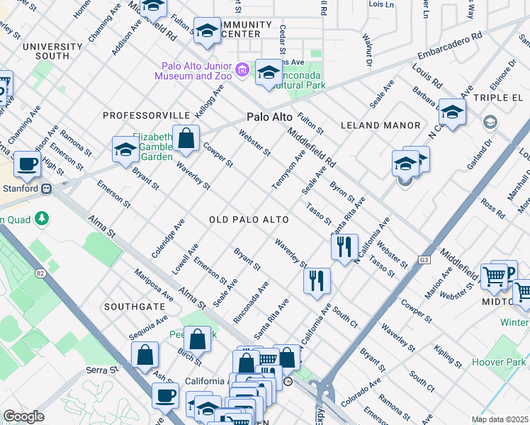 map of restaurants, bars, coffee shops, grocery stores, and more near 444 Tennyson Avenue in Palo Alto