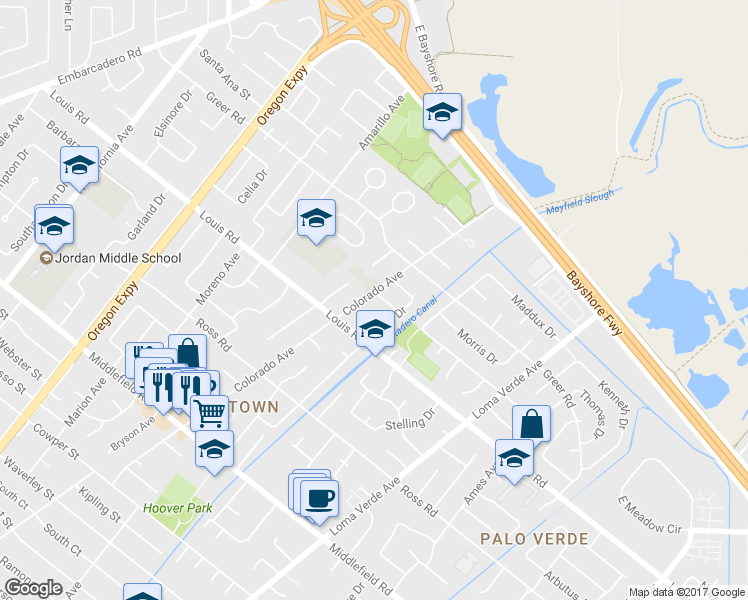 map of restaurants, bars, coffee shops, grocery stores, and more near 924 Colorado Avenue in Palo Alto