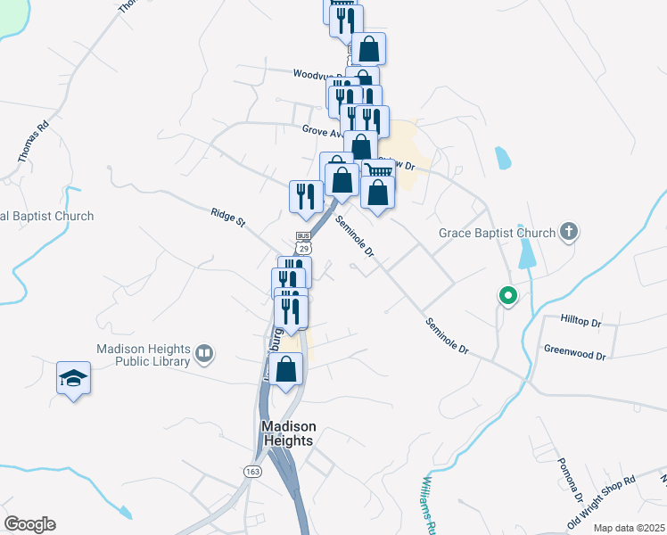map of restaurants, bars, coffee shops, grocery stores, and more near Branch Drive in Madison Heights