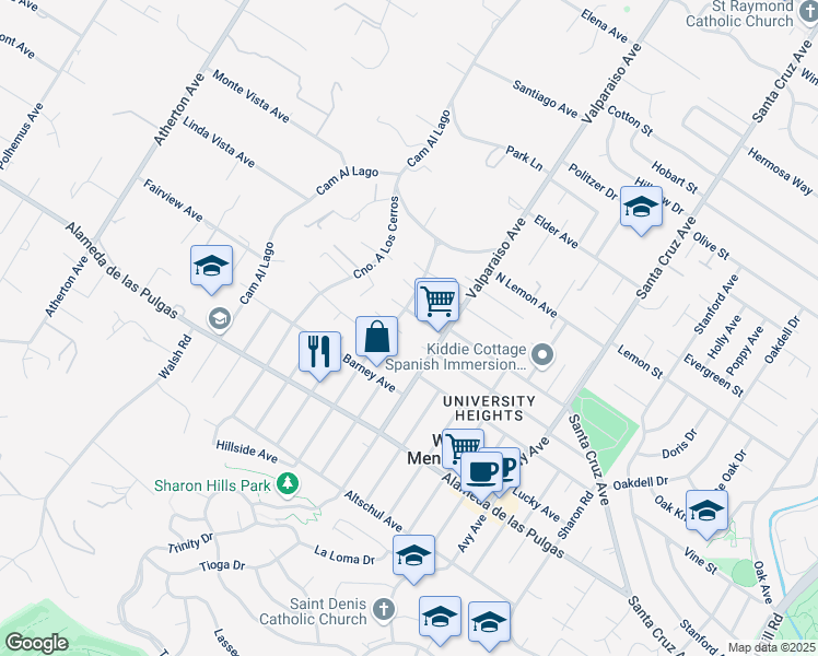 map of restaurants, bars, coffee shops, grocery stores, and more near 9 Arbol Grande Court in Menlo Park