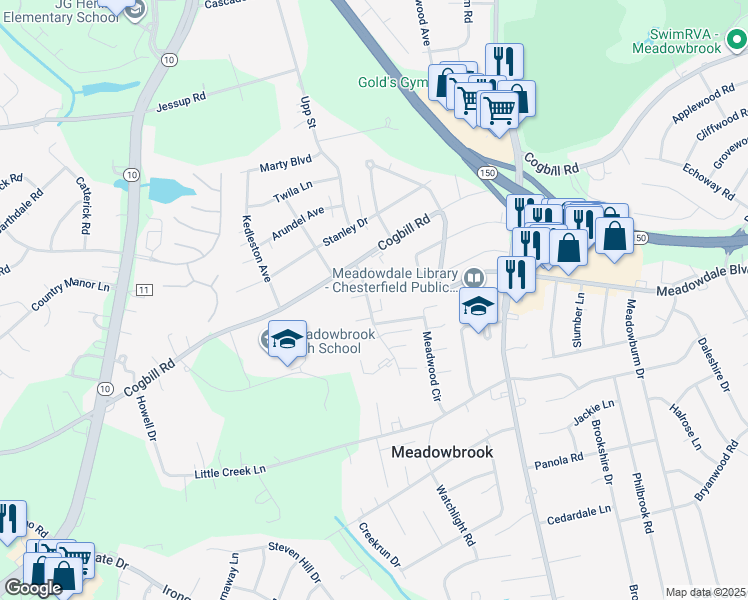 map of restaurants, bars, coffee shops, grocery stores, and more near 5905 Phillips Lane in Richmond