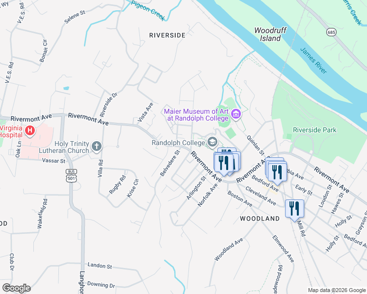 map of restaurants, bars, coffee shops, grocery stores, and more near 2809 Rivermont Avenue in Lynchburg