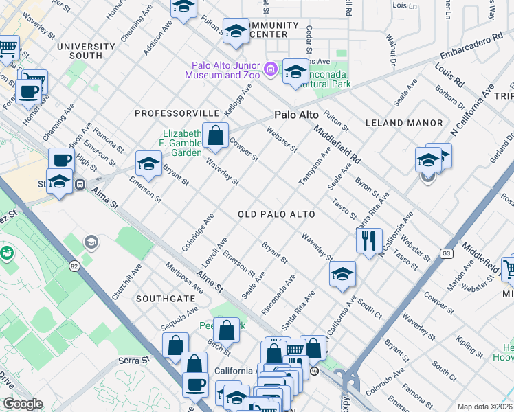 map of restaurants, bars, coffee shops, grocery stores, and more near 1700 Waverley Street in Palo Alto