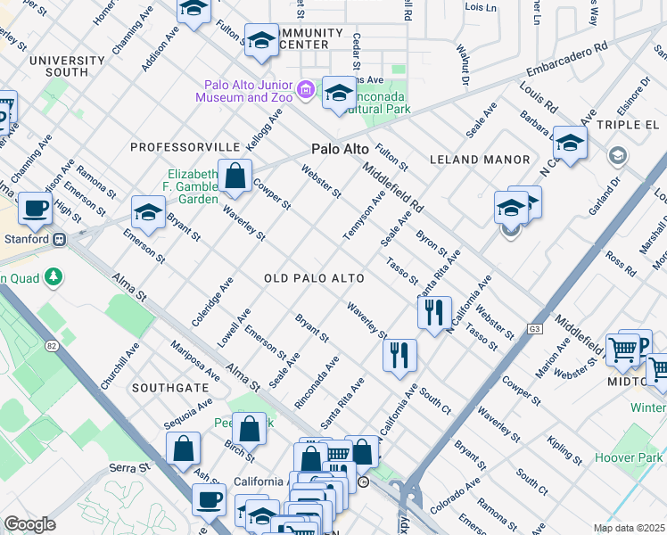 map of restaurants, bars, coffee shops, grocery stores, and more near 444 Tennyson Avenue in Palo Alto