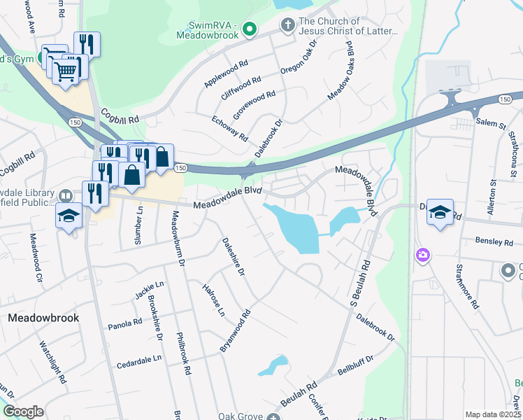 map of restaurants, bars, coffee shops, grocery stores, and more near 3702 Berrybrook Drive in Richmond