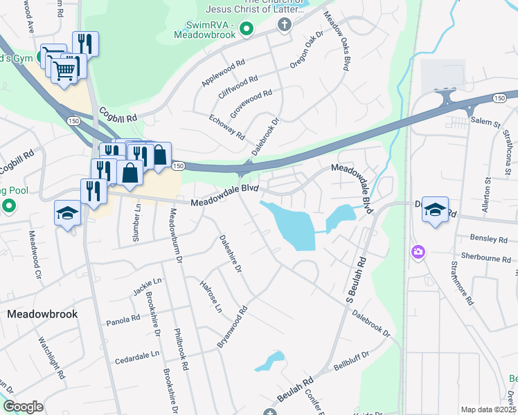map of restaurants, bars, coffee shops, grocery stores, and more near 3702 Berrybrook Drive in Richmond